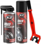 K2-s Set K2 Spray Curatat Lant Chain Cleaner 500ML W148 + K2 Spray Lubrifiant Lant Road Dry Chain Lube 400ML W143 + K2 Perie Curatat Lant W612