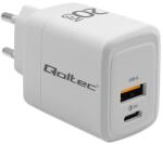 Qoltec GaN 20W töltő | 5-20V | 1.5-3A | 1 x USB-C PD | 1x USB QC 3.0 | Fehér (51823)