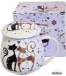P&P Import Porcelánbögre tetővel 450ml, fekete-barna virágos cicás