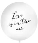 Partydeco 3 feet 91cm fehér esküvői latex léggömb Love is in the air, fekete felirattal (LUFI213248)