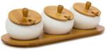 Relaxdays Set 3 recipiente condimente, ceramica, suport, capace si lingurite din bambus, maro natur/alb, 30.5 x 12 x 8.5 cm (10019133) Solnita condimente