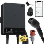  dé Type 2 fali töltőállomás 11 kW App és RFID vezérléssel, 6-16 A 3 fázisú EV töltő 400 V, 10 m töltőkábellel