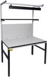  TESDA ESD asztal, 1200x900 mm. 1 db 1200x300 mm-es polccal, 2 db oszloppal, ESD LED lámpával, perforált hátfallal, hálózati elosztóval