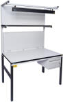  TESDA ESD asztal, 1200x900 mm. 1 db 1200x300 mm-es polccal, 2 db oszloppal, ESD LED lámpával, 2 perforált hátfallal, hálózati elosztóval, 1 fiókos szekrénnyel