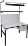  TESDA ESD asztal, 1200x900 mm. 1 db 1200x300 mm-es polccal, 2 db oszloppal, ESD LED lámpával, perforált hátfallal, hálózati elosztóval, 1 fiókos szekrénnyel