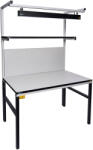  TESDA ESD asztal, 1200x700 mm. 1 db 1200x300 mm-es polccal, 2 db oszloppal, ESD LED lámpával, perforált hátfallal