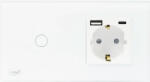 PNI Întrerupător simplu touch, priză cu împământare & priză USB dublă(1x USB tip A+ 1x USB tip C) PNI SafeHome, alb, sticlă (PNI-SH115W)