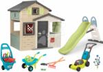 Smoby Set căsuța Prietenilor și tobogan de 2 metri cu apă Friends Evo Playhouse Life Smoby extensibilă cu mașină de tuns iarba cu roabă și unelte de grădină (SM810206-A11) Casuta pentru copii