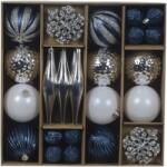 Decoris karácsonyi díszkészlet, különböző méretű és formájú, ezüst/kék/fehér, 46 db