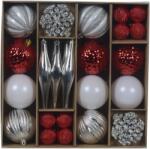 Decoris válogatott díszkészlet, különböző méretű és formájú, ezüst/piros/fehér, 46 db