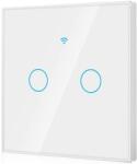 Rovo FN2C intelligens érintőkapcsoló, Wi-Fi, Null-Free, 2 csatorna, 10A, RF 433MHz, Biztonsági üveg, Tuya, Life Smart, Amaxon Alexa/Google Assistant kompatibilis, Fehér