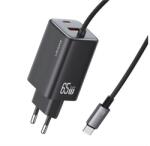 USAMS JC hálózati töltő Type-C aljzat (66W, PD gyorstöltő, GaN + fix Type-C kábel) FEKETE (CC266TC01)