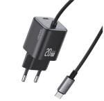 USAMS JC MINI hálózati töltő Type-C aljzat (20W, PD gyorstöltő, GaN + fix Type-C kábel) FEKETE (CC261TC01)