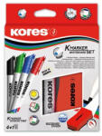 Kores Tábla- és flipchart marker készlet mágneses táblatörlő szivaccsal, 3-5 mm, vágott, KORES, 4 különböző szín (IK20865)