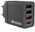 Verbatim Hálózati töltő, 1xUSB-C PD (20W), USB-A QC 3.0, 2xUSB-A (10W), VERBATIM, fekete 49700 (49700)