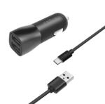 FIXED Autós Töltő - 12/24V Bemenet, 2 db Usb Kimenet 15W + Usb/Usb-C Kábel, Smart Gyorstöltés, Fekete