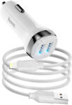 hoco. Szivartöltő fej, autós töltő, 2 USB port + iPhone 8pin, lightning töltőkábel, adatkábel, fehér, 2.4A, Hoco Z40 (Z40)