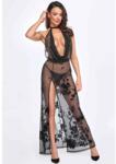  Áttetsző virágmintás fekete ruha Divinity long flocked mesh dress with open back - S