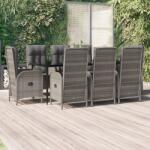 vidaXL 9 részes fekete és szürke polyrattan kerti étkezőszett párnával (3185184)