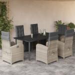 vidaXL 7 részes világosszürke polyrattan kerti étkezőszett párnával (3212610)