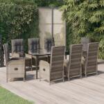 vidaXL 9 részes fekete és szürke polyrattan kerti étkezőszett párnával (3185206)