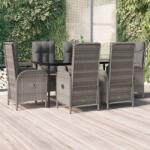 vidaXL 7 részes fekete és szürke polyrattan kerti étkezőszett párnával (3185182)