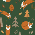 Takoy PUL anyag méteráru őszi rókák sötétzöld alapon - nagyított minta