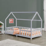 [en. casa] Pat Copii Sisimiut tip Casuta Montessori, Dimensiuni 200x90cm, Lemn de Brad, Culoare Gri/Alb