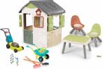 Smoby Set căsuță cu loc de stat în grădină Life Jura Lodge Smoby extensibilă cu hrănitoare și mașină de tuns iarba cu roabă (SM810504-5) Casuta pentru copii