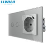 Livolo Intrerupator dublu + priza Schuko cu port USB tip C, generatia noua, cu rama sticla Gri (VL-FC2-FCTF16A.UC18W-P702/E-4IP)