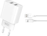 XO CE02C hálózati töltő 2xUSB-A csatlakozással + Lightning kábellel 2.1A - fehér
