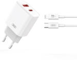 XO CE12 hálózati töltő 1xUSB-A és 1xUSB-C csatlakozással + USB-C - Lightning kábellel PD QC3.0 20W - fehér