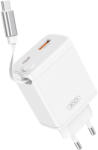 XO CE31 hálózati töltő 1xUSB-A és 1xUSB-C csatlakozással + visszahúzható USB-C kábellel 30W - fehér