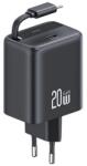 USAMS YC hálózati töltő Type-C aljzat (20W, PD gyorstöltő, GaN + fix, csévélhető Type-C kábel) FEKETE CC233TC01 (CC233TC01)