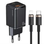 USAMS T43 hálózati töltő USB+Type-C aljzat (33W, PD gyorstöltő 3.0 + lightning kábel) FEKETE USKTZ01 (USKTZ01)