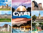Ajándékgyár Plexi hűtőmágnes Gyula 76x57mm - Vár, Szökőkútx3, Lovas szobor, Almásy Kastély, Templom, Várfürdő (Nagyplexi06)