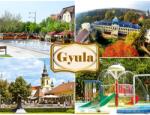 Ajándékgyár Plexi hűtőmágnes Gyula 76x57mm - Kossuth tér, Almásy kastély, templom, gyerek medence (Nagyplexi03)
