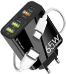 Techsuit - Prémium fali töltő PentaXPower (CHC2) - 3x USB QC 3.0, 2x Type-C PD 20W, 65W, LED, 1 méteres Type-C kábellel - Fekete