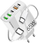 Techsuit - Prémium fali töltő PentaXPower (CHC2) - 3x USB QC 3.0, 2x Type-C PD 20W, 65W, LED, Type-C kábel, 1m - Fehér