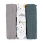 Petite&Mars Bambusz muszlin 3db-os pelenka szett Moussy Grey Planes, 68 x 68 cm - pelenka
