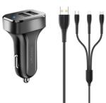 USAMS KING TU C13 autós töltő 2 USB aljzat (10W, LED jelzés + lightning/microUSB/Type-C kábel) FEKETE NTU35YTSC13TZ (NTU35YTSC13TZ)