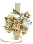Eventissimi® Lumanare tip fagure, cu aranjament floral alb-auriu, pentru cununie botez, 42 cm, cu flori criogenate si plante uscate (personalizabila cromatic si cu text) (LN-051)