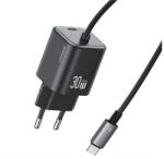 USAMS JC MINI hálózati töltő Type-C aljzat 30W, GaN + fix Type-C kábel, FEKETE CC264TC01 (CC264TC01)