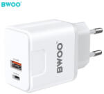 BWOO Univerzális hálózati gyors töltőfej, 1xType-C / 1xUSB, 3A / PD 20W / QC 18W, fehér, BWOO CDA157