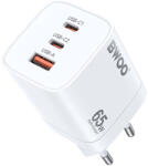 BWOO Univerzális hálózati gyors töltőfej, 2xType-C / 1xUSB, 5A / PD 65W / QC 3.0, GaN technológia, fehér, BWOO CDA147