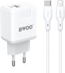 BWOO Hálózati töltőfej 1xUSB / 1xType-C + Type-C / iPhone 8pin adatkábel, PD 20W / QC 3.0, 1M, fehér, BWOO BO-CDA157C-L