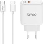 SAVIO LA-10 USB-C / USB-A Hálózati Gyorstöltő adapter 30W + 1m USB-C Kábel - Fehér (85044083) (85044083)