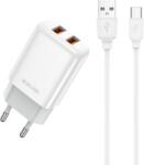 Jellico EU02 hálózati töltő adapter 2.4A 12W 2xUSB + Type C kábel fehér