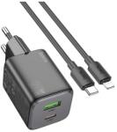 hoco. n41 hálózati töltő (USB-A+USB-C, 20W, GaN, lightning kábel, fekete) (N41_LIGHTNING_B)