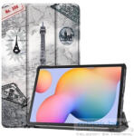 Samsung Tab S6 Lite 10.4 (2020 / 2022 / 2024) SM-P610 / P615 / P613 / P619 / P620 / P625, mappa tok, Eiffel torony, térkép minta, Trifold, szürke - mobil-box